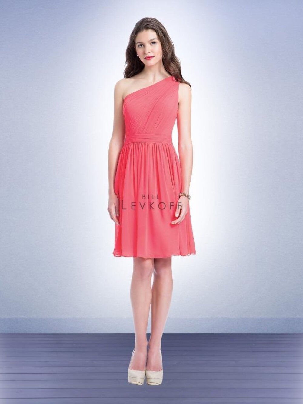 Bill Levkoff 1151 Bridesmaid Dress Coral One Shoulder Chiffon Short 10